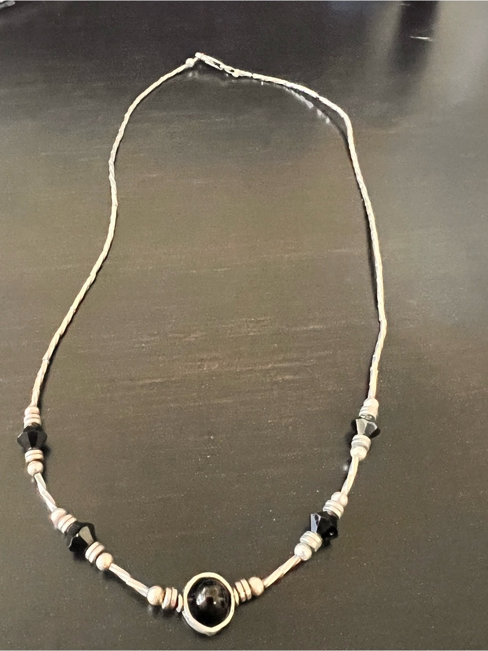 Silver-Tone Black Bead Pendant Necklace -